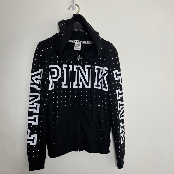 PINK VS RHINESTONE BLING PULLOVER FULL ZIP HOODIE Black XS - Picture 3 of 6